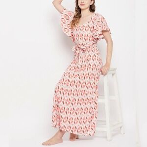 Sim & Sam Orange Geometric Motif V-Neck Maxi Dress Size‎ Medium